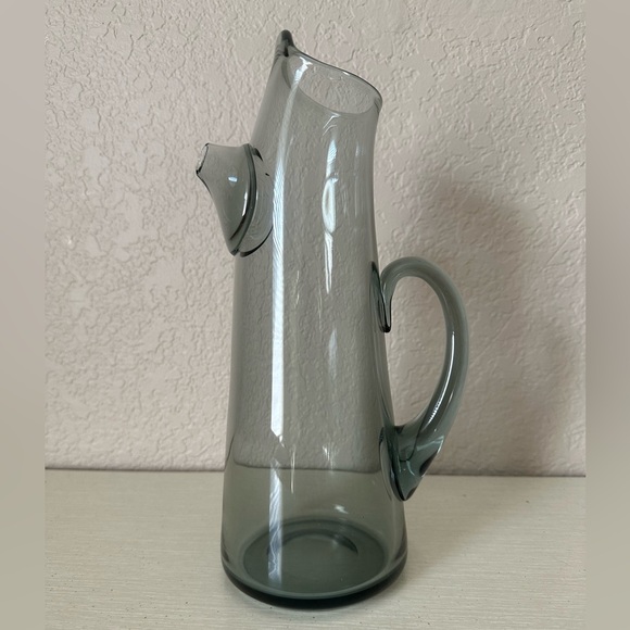 Blown Art Glass Cocktail Martini Pitcher Smoke Gray Applied Handle Spout 11.5” - Picture 9 of 13